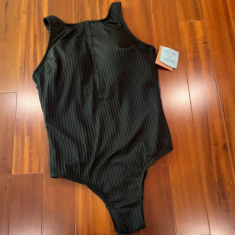 Black One Piece Swimsuit Shade & Shore Black Ribbed High Neck Swim New XL / 16